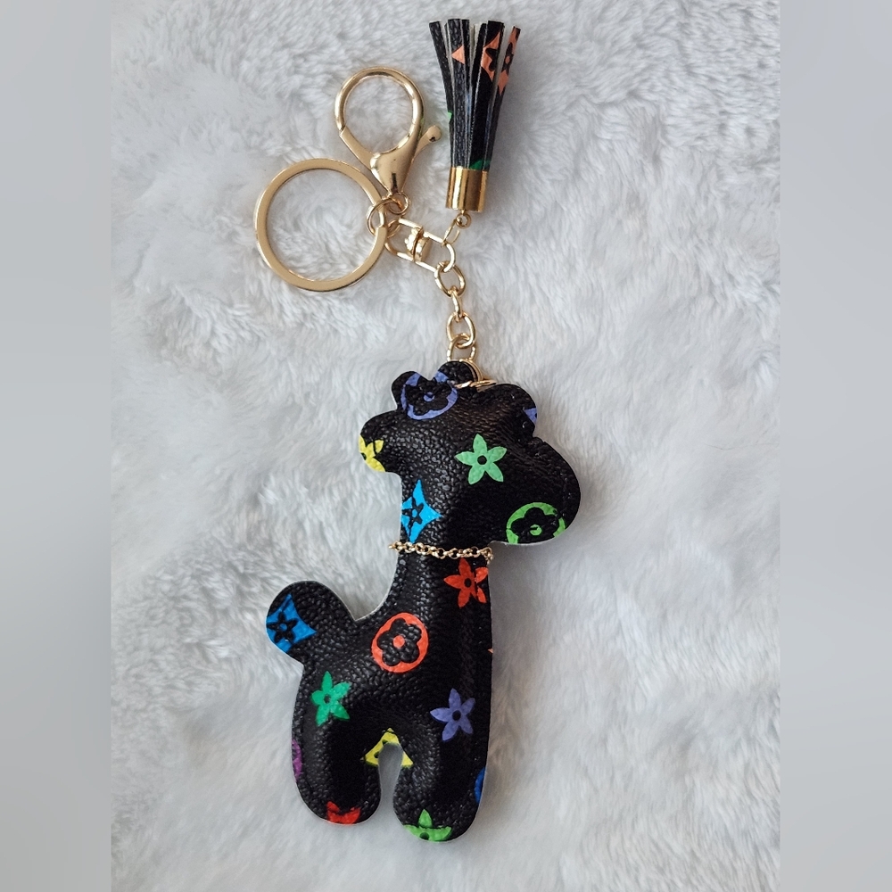 Colorful Giraffe Patterned Designer Inspired Logo Keychain Bag Charm - Picture 3 of 3